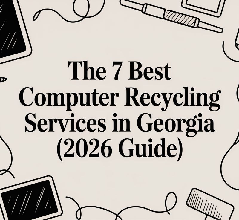 Title graphic for "The 7 Best Computer Recycling Services in Georgia (2026 Guide)" featuring illustrations of electronic devices and tools, emphasizing e-waste recycling and sustainable disposal practices.