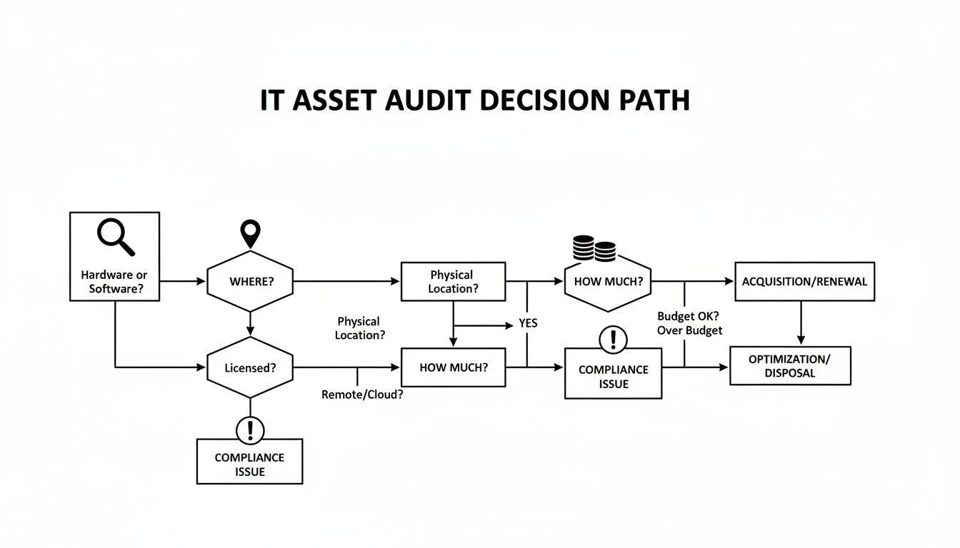 Flowchart illustrating the IT asset audit decision path for hardware, software, location, licensing, cost, and compliance.
