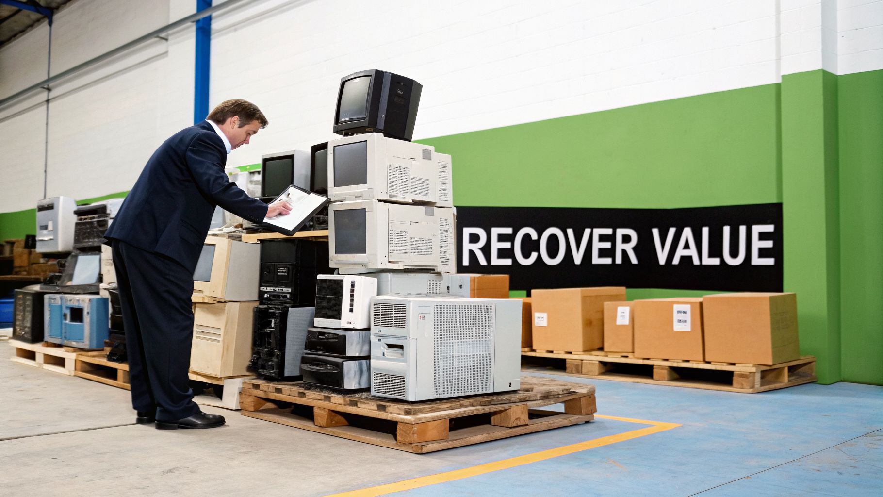 A man inspecting stacks of old computer monitors and towers in an electronics recycling facility.