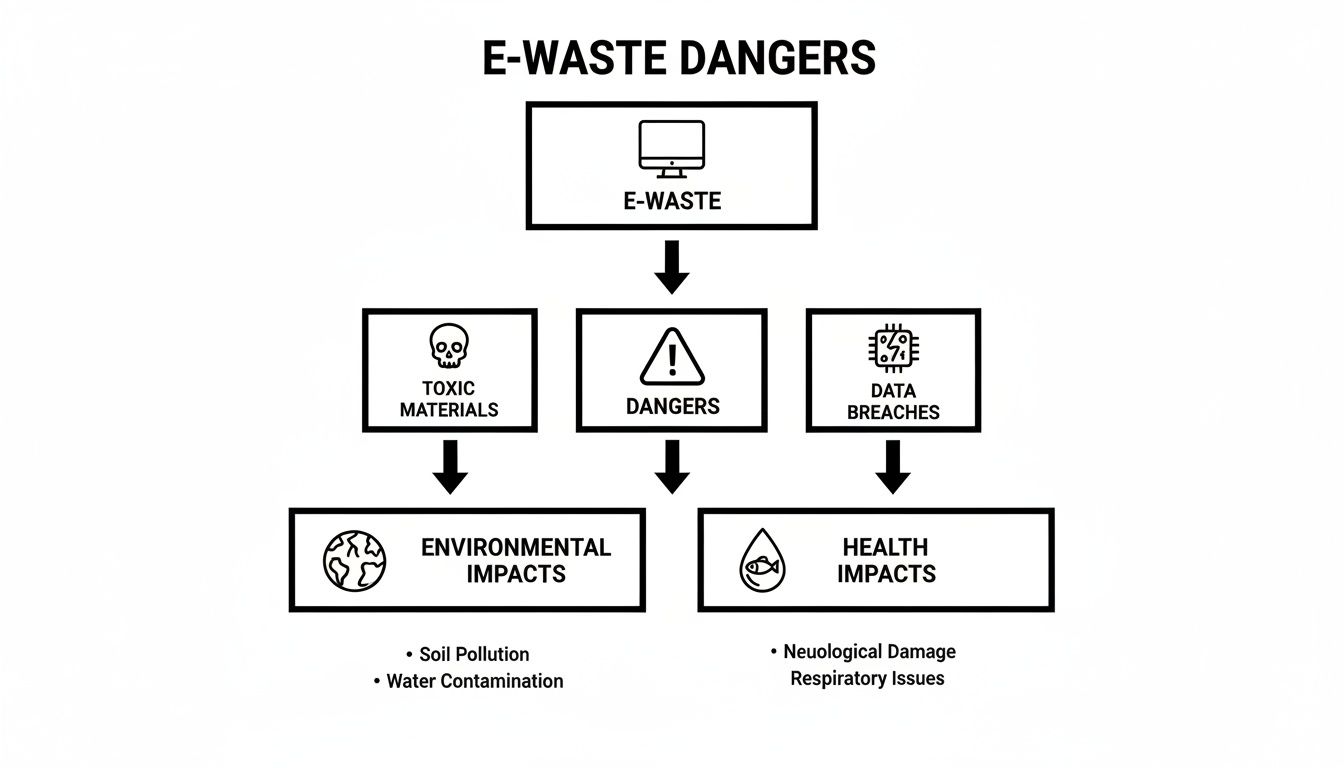 Flowchart illustrating e-waste dangers, detailing toxic materials, environmental impacts, data breaches, and health issues.