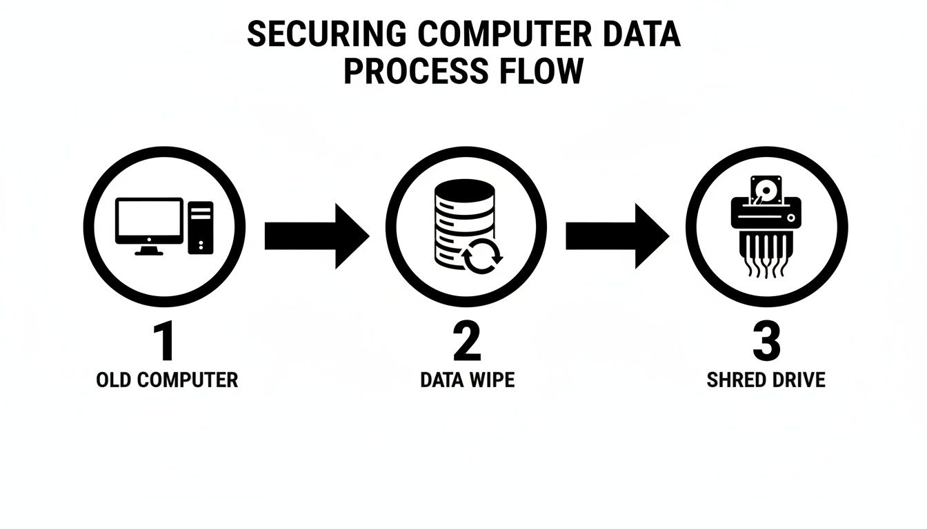 A three-step process flow for securing computer data: old computer, data wipe, and shred drive.