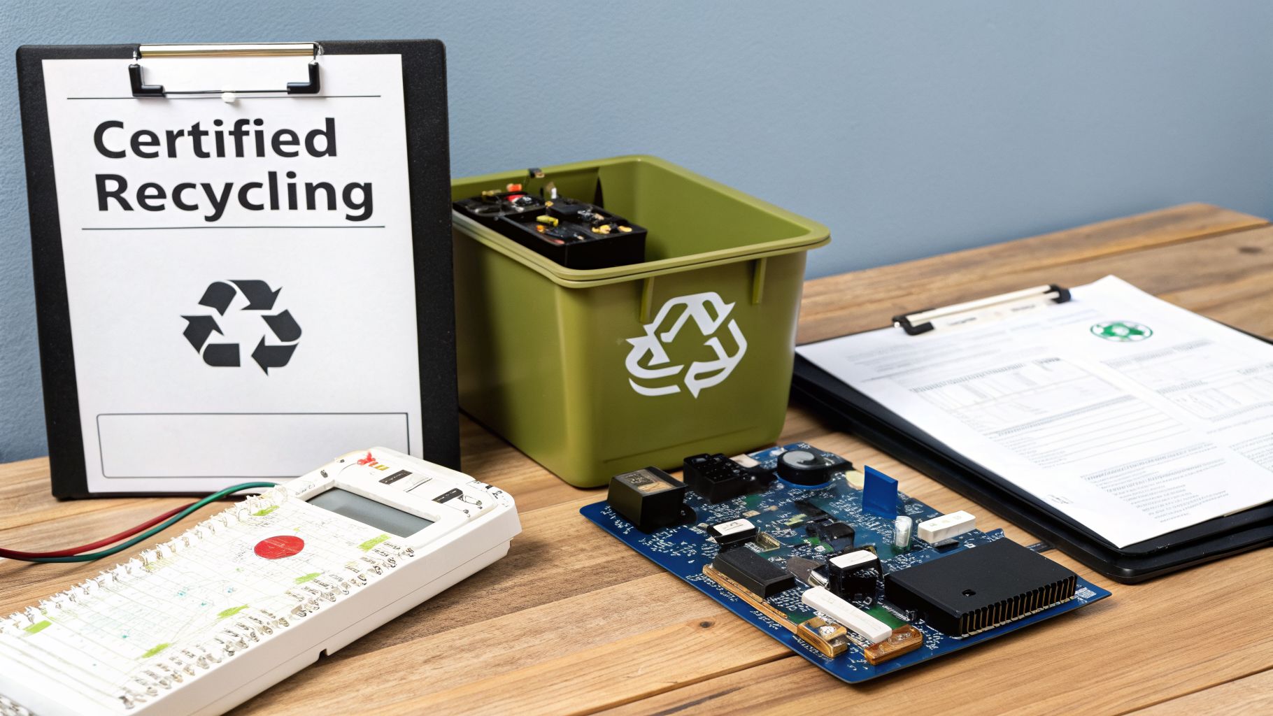 Electronic waste recycling setup with a 'Certified Recycling' sign, battery bin, circuit board, and testing device.