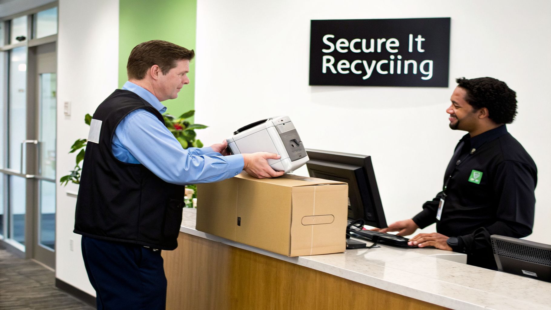 Two men at a counter, one dropping off an electronic device for secure recycling.