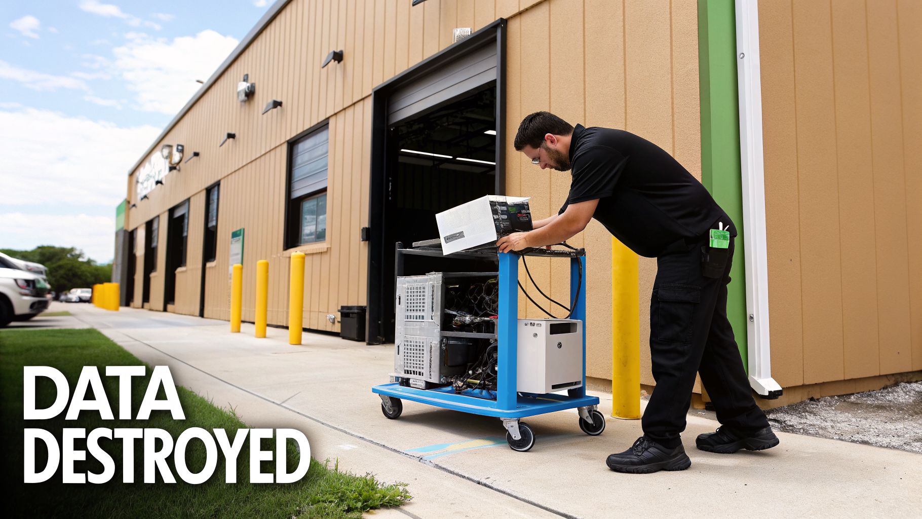 A technician loads computer equipment onto a cart for data destruction outside a commercial building.