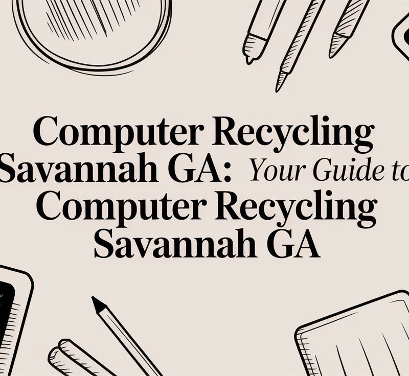 Computer recycling guide for Savannah GA featuring text "Computer Recycling Savannah GA: Your Guide to Computer Recycling Savannah GA" with surrounding pencils and office supplies.