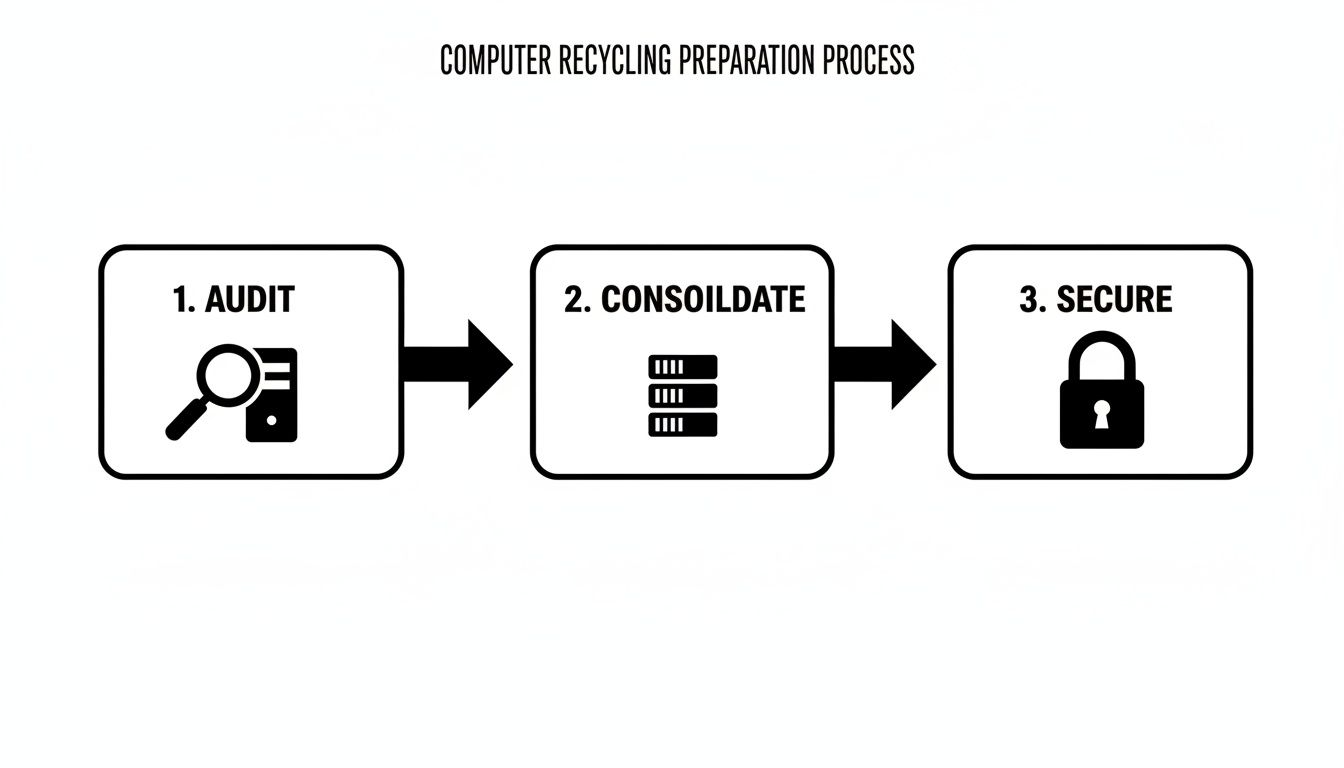 A process flowchart illustrating the three steps for computer recycling preparation: Audit, Consolidate, and Secure.