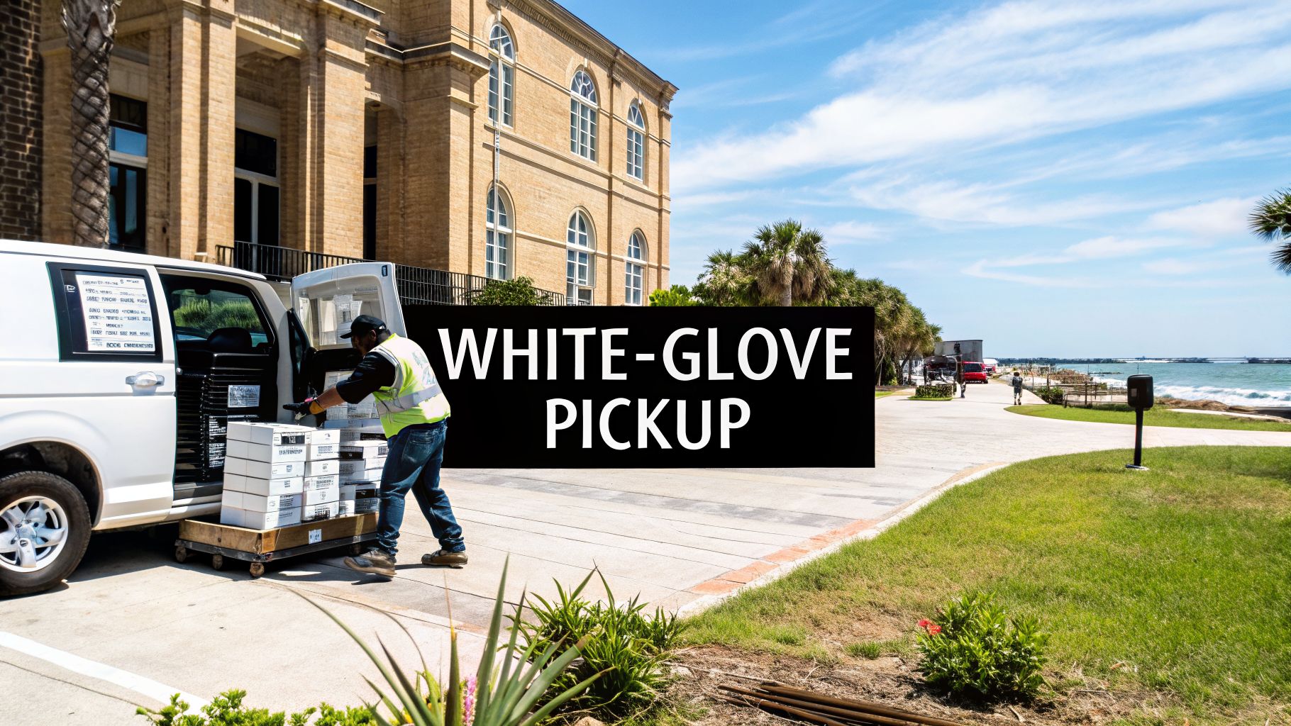 A worker loads white boxes from a dolly into a white van, showcasing a white-glove pickup service by a building and ocean.
