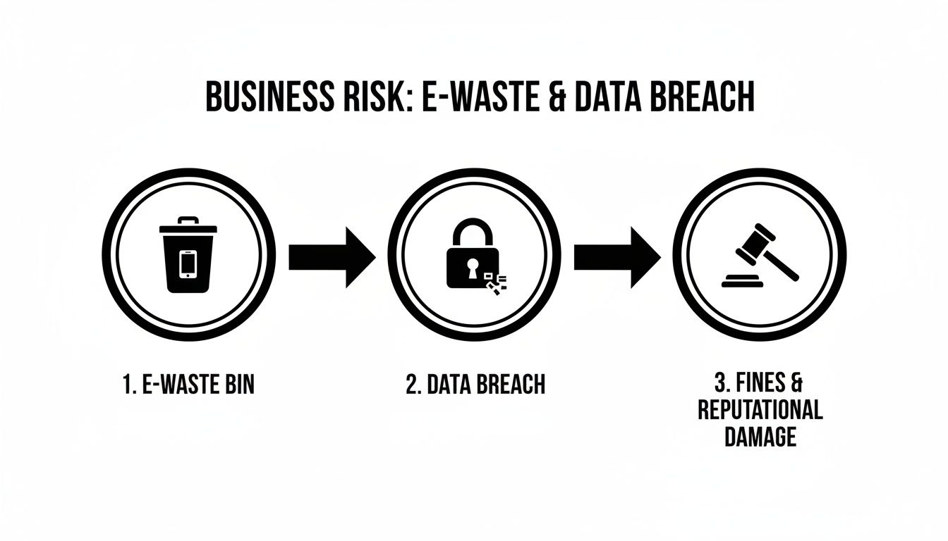 Infographic illustrates business risk: e-waste leads to data breaches, resulting in fines and reputational damage.