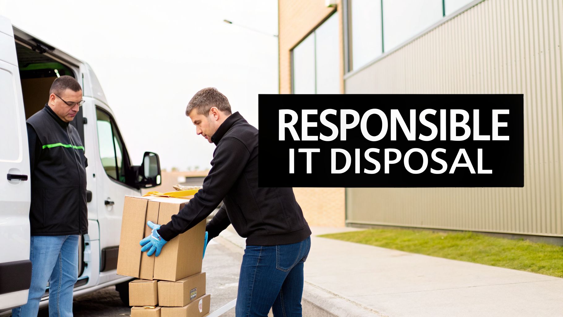 Two professionals manage the responsible disposal of IT equipment, moving boxes into a van.
