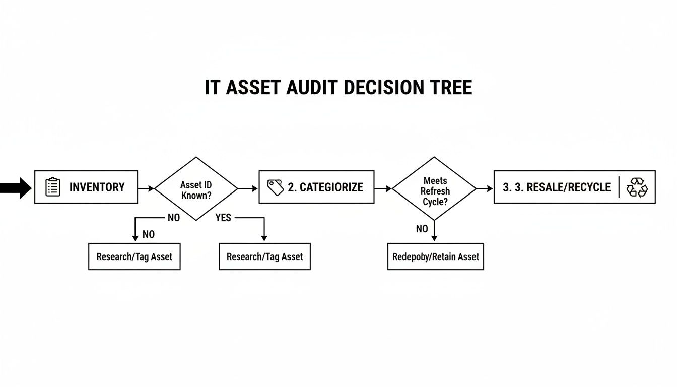 A flowchart detailing an IT asset audit decision tree, including inventory, categorization, and resale or recycle.
