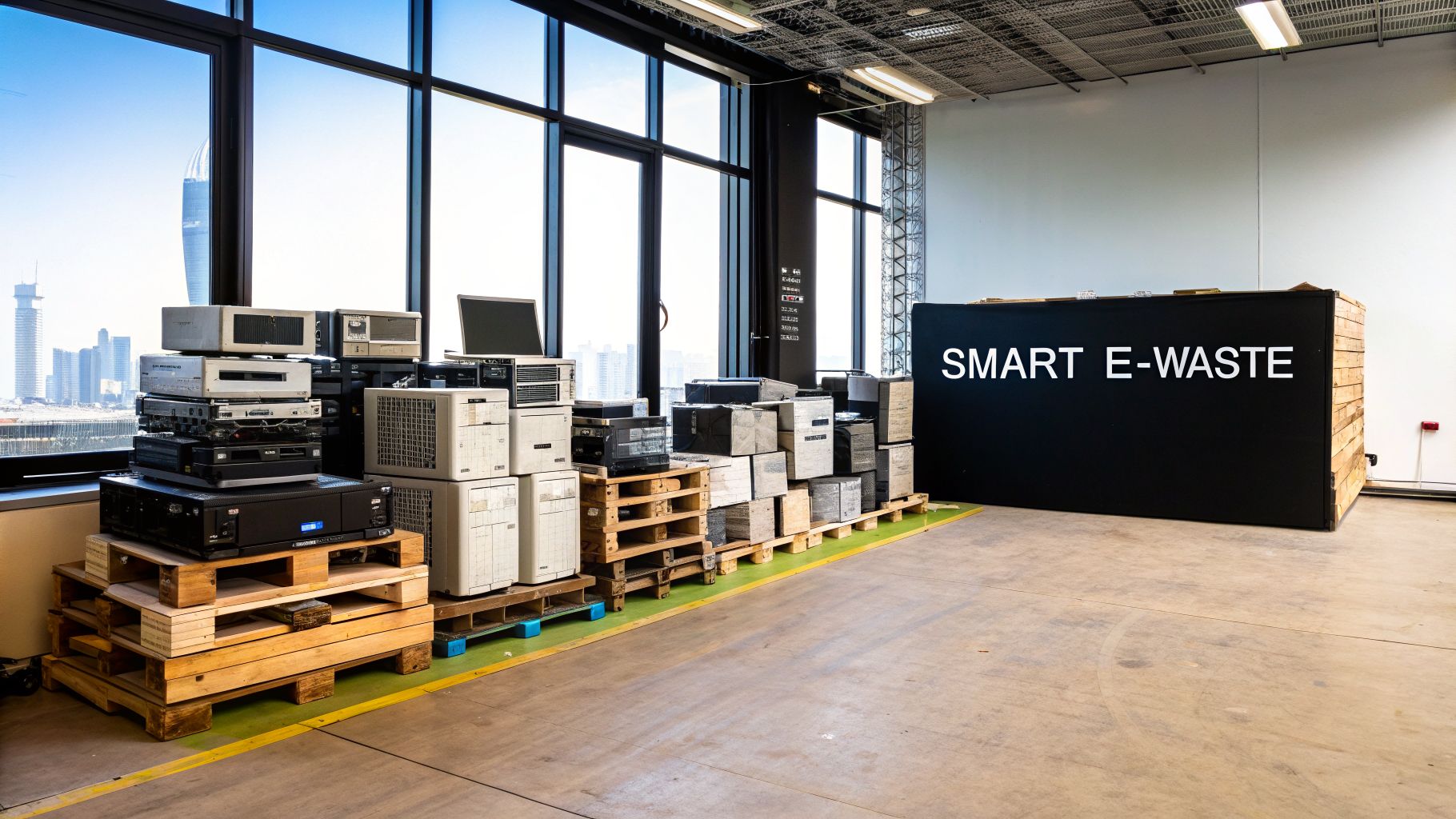 Stacks of outdated electronic devices, including computers and audio gear, on pallets next to a 'SMART E-WASTE' sign.