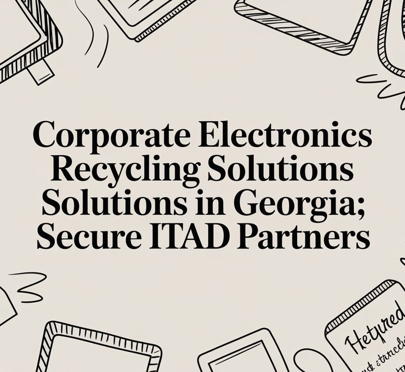 Corporate electronics recycling solutions in Georgia, featuring secure ITAD partners and various electronic devices illustrated in a creative design.