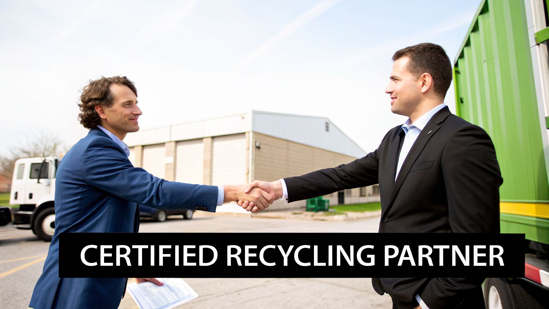 Two business partners shake hands outdoors, symbolizing a certified recycling partnership, with a green truck nearby.