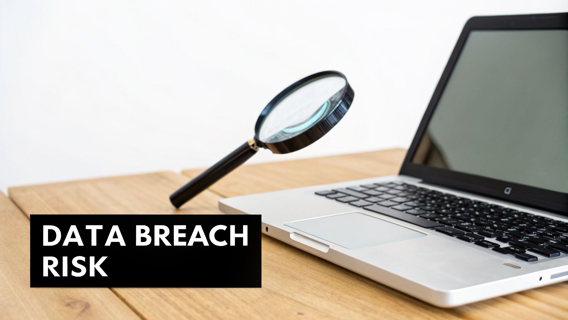 A magnifying glass positioned over a laptop on a wooden desk, with text 'DATA BREACH RISK' emphasizing cybersecurity.