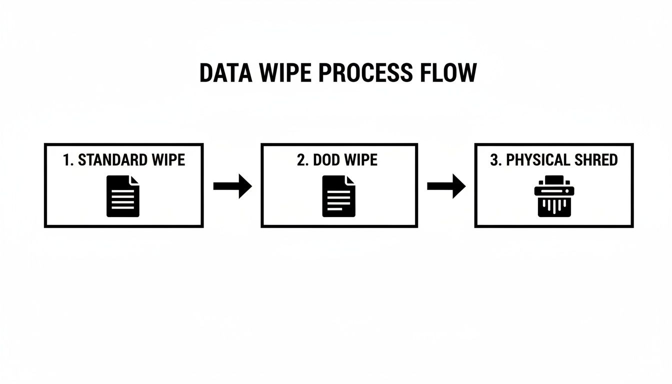 A flowchart illustrating the sequential data wipe process, including standard wipe, DOD wipe, and physical shred.