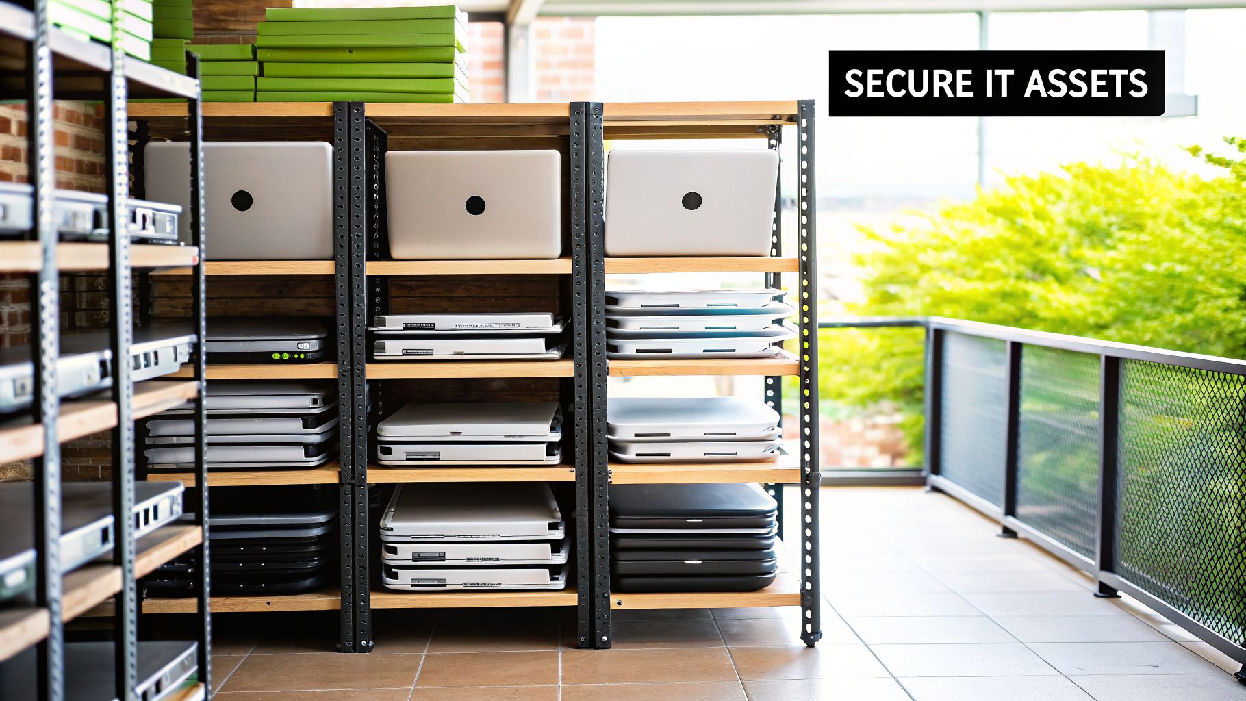 Shelves filled with various IT assets, including stacked laptops and electronic devices, ready for secure asset management.