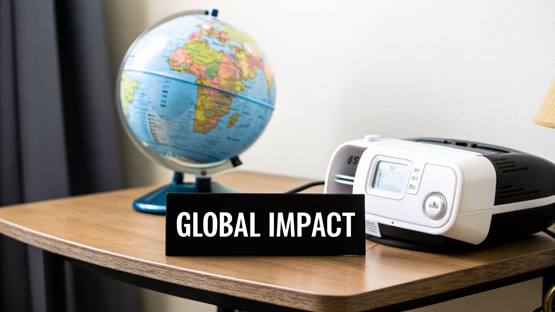 A globe and a CPAP machine on a desk, with a 'GLOBAL IMPACT' sign.