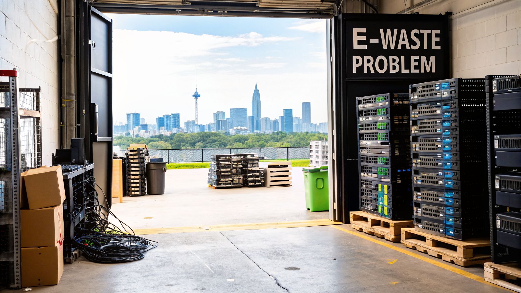 Electronic waste facility with stacks of servers and equipment, offering a view of a modern city.