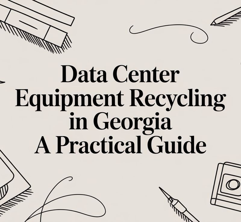 Data Center Equipment Recycling in Georgia, practical guide cover with illustrations of office supplies, emphasizing secure data destruction and electronic waste management.