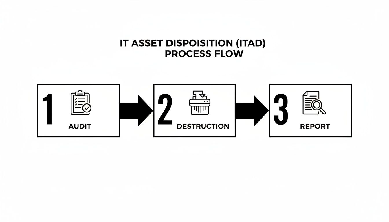 Flowchart illustrating the three-step IT Asset Disposition (ITAD) process: audit, destruction, and report.