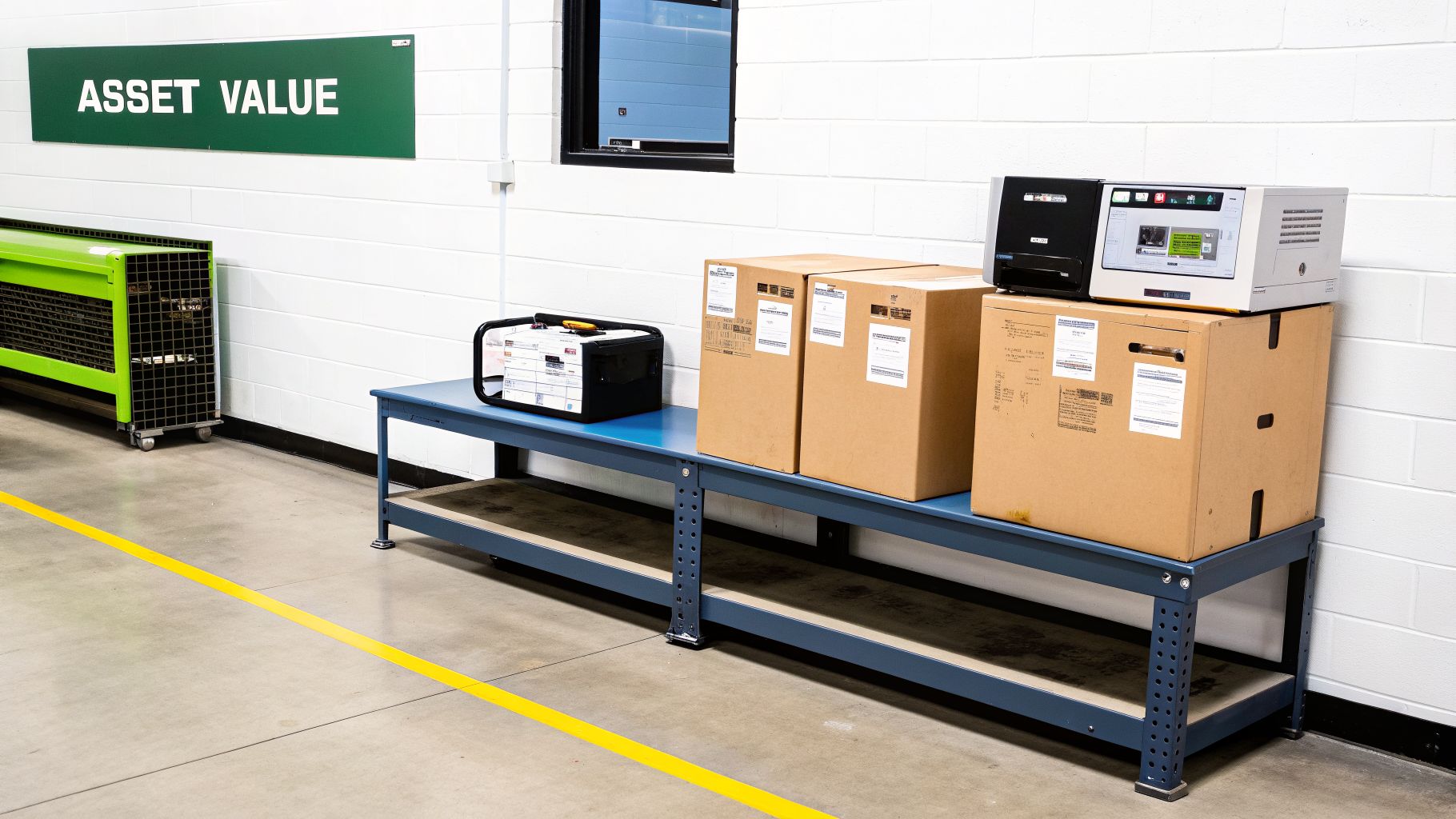 Industrial space with 'ASSET VALUE' sign, green cart, and electronic equipment on a blue workbench with boxes.