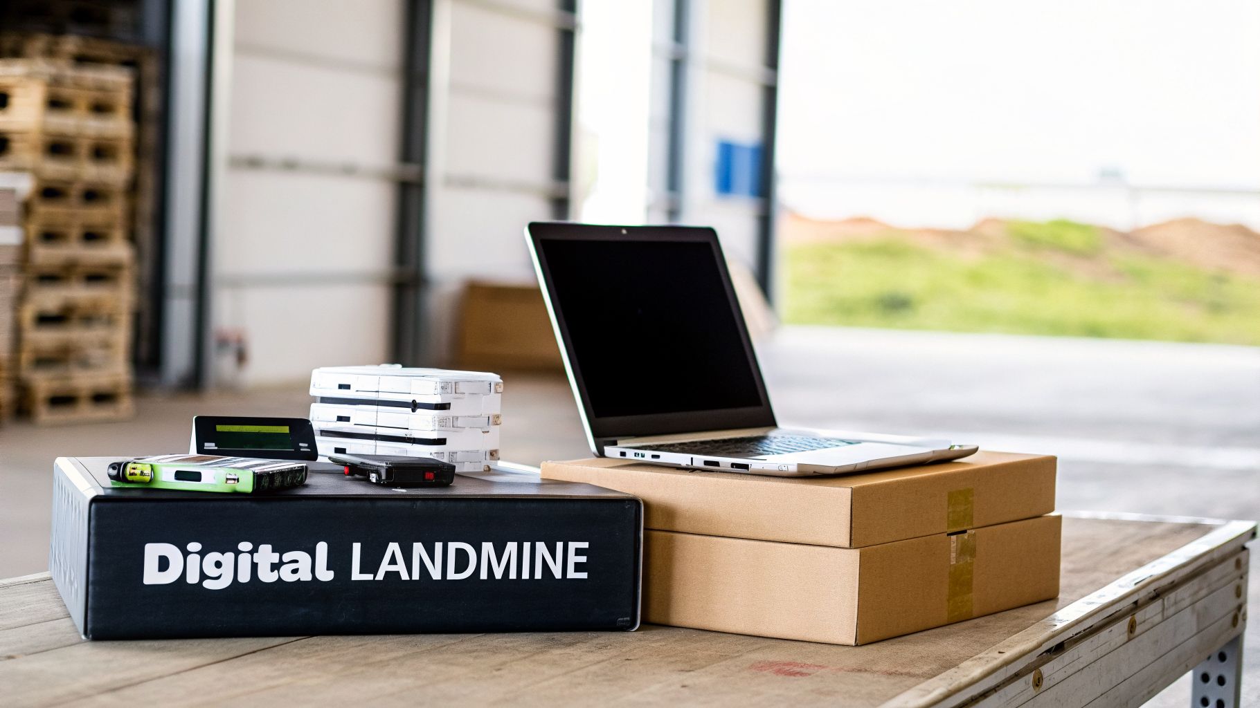 A 'Digital LANDMINE' box, electronic devices, and a laptop on a table in a warehouse setting.
