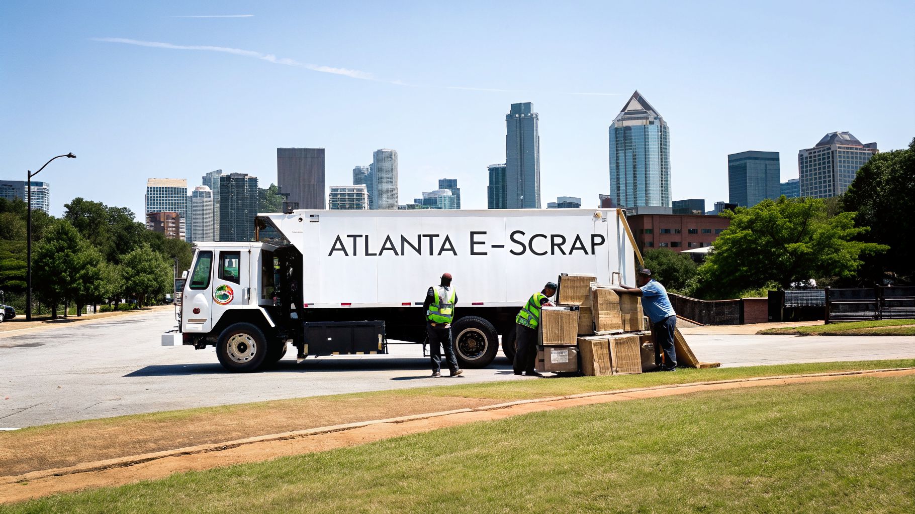 Workers load e-scrap boxes onto a white recycling truck with a city skyline backdrop.