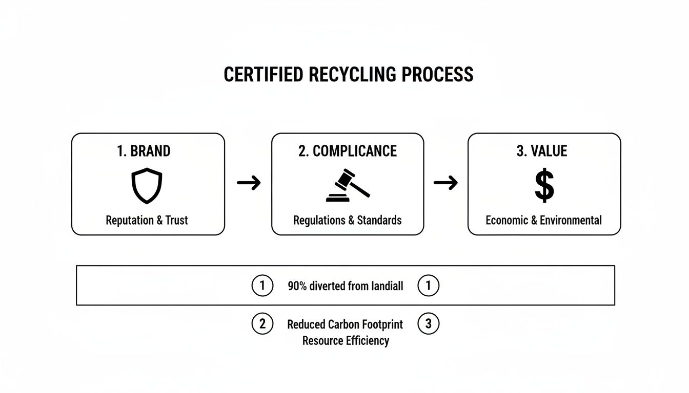 Infographic showing a certified recycling process: Brand, Compliance, and Value, highlighting landfill diversion and carbon footprint reduction.