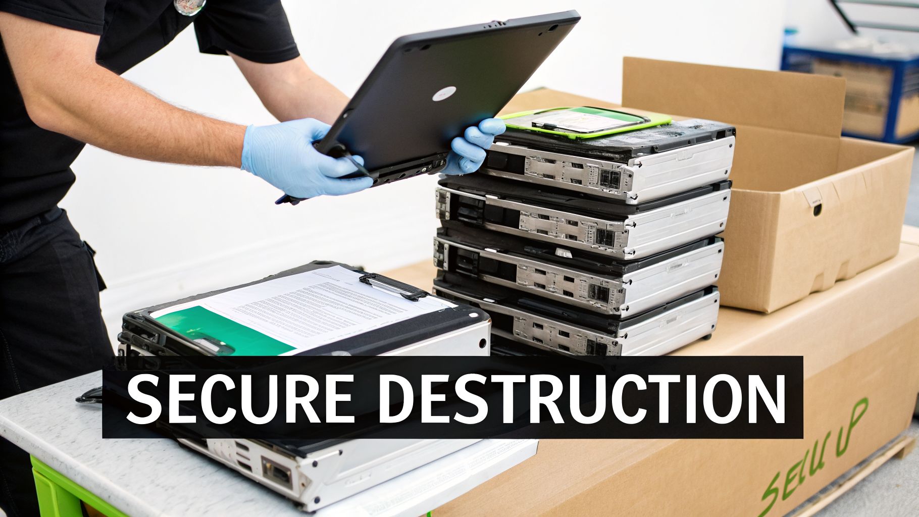 A person wearing blue gloves handles a laptop, preparing it for secure data destruction, surrounded by computer components.