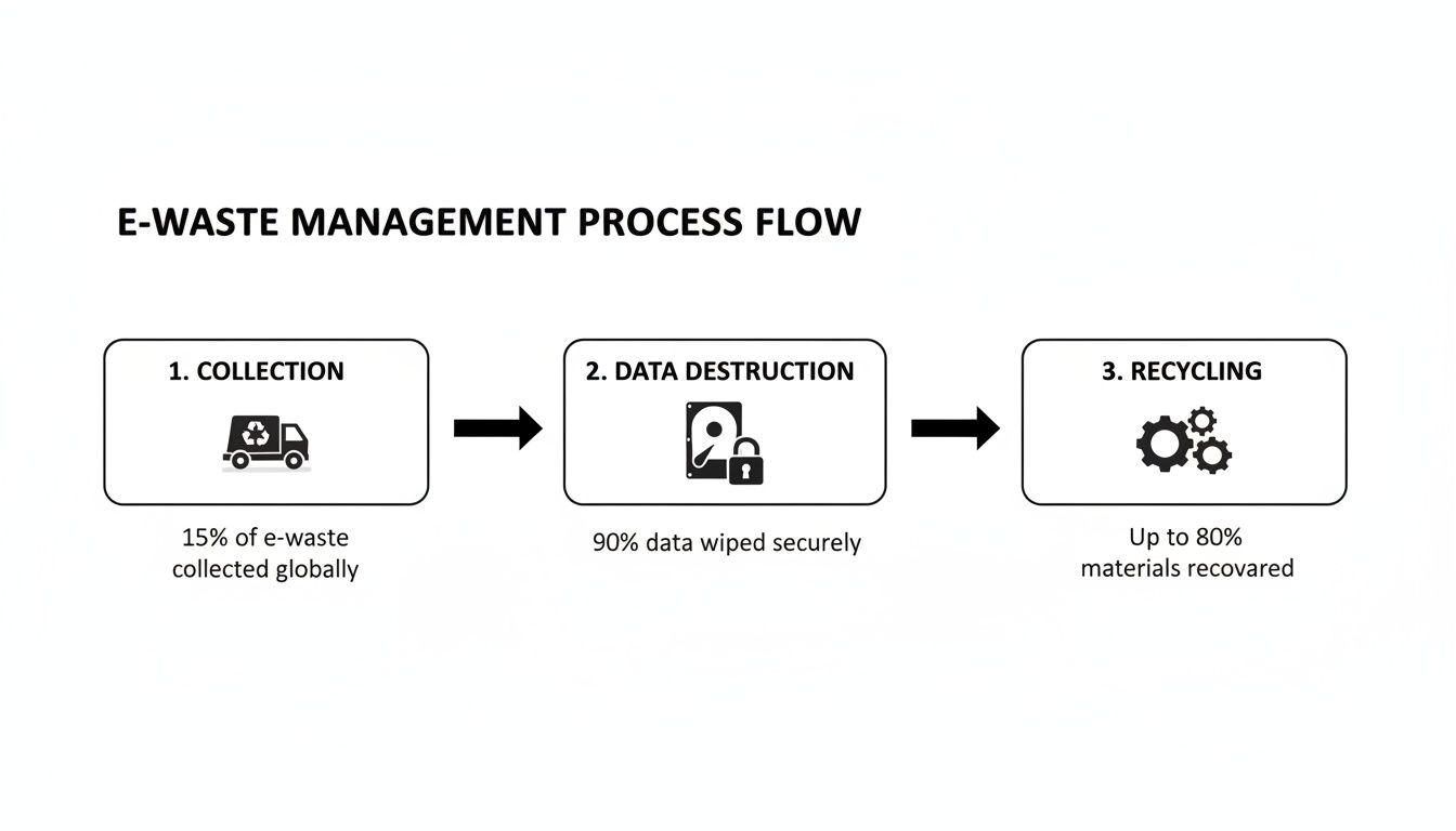 E-waste management process flowchart detailing collection, secure data destruction, and material recovery stages.