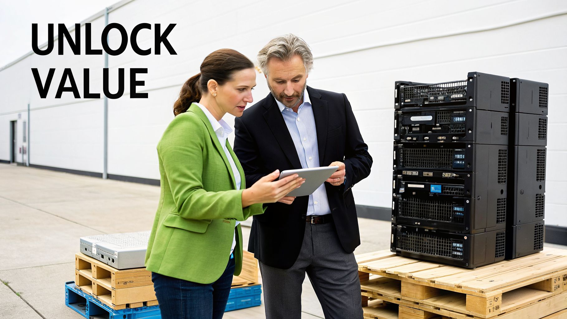 Two business professionals examine a tablet beside stacks of electronic IT equipment on pallets.