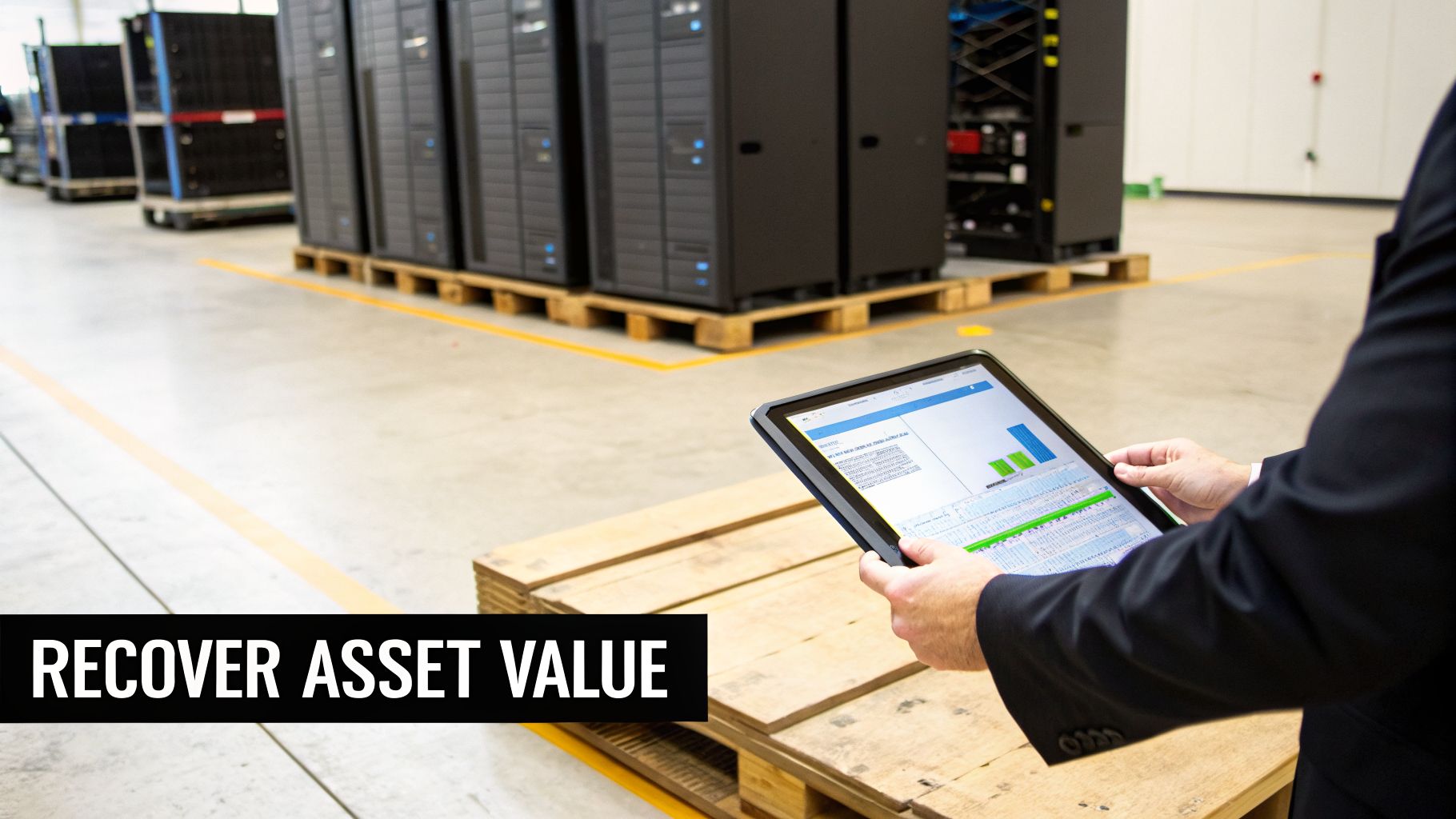 A person in a suit reviews data on a tablet amidst rows of electronic equipment in a warehouse, highlighting asset recovery.