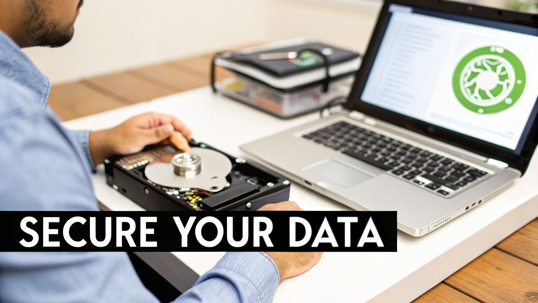 A person working on an open hard drive next to a laptop displaying a data security icon.