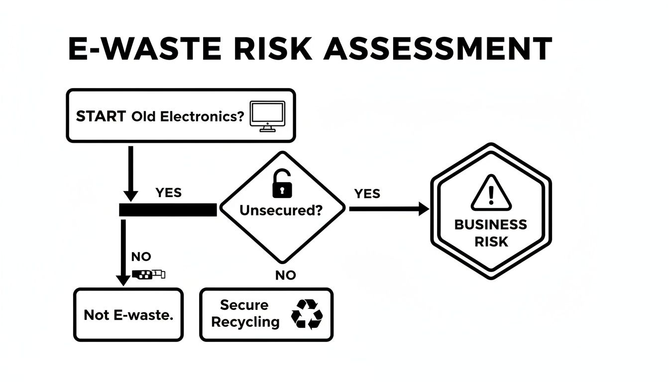 A flowchart illustrates E-waste risk assessment, guiding decisions from old electronics to business risk or secure recycling.