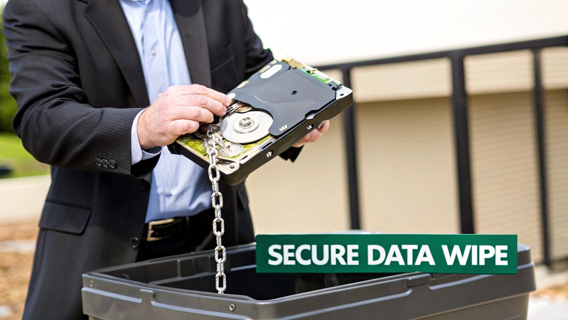 Businessman destroying an open hard drive with a chain for secure data wipe in a bin.
