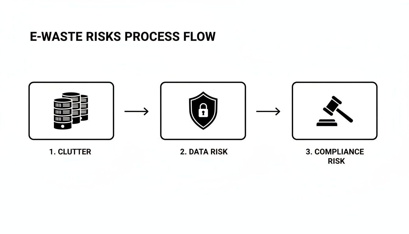 A process flow diagram illustrating e-waste risks: clutter, data risk, and compliance risk.