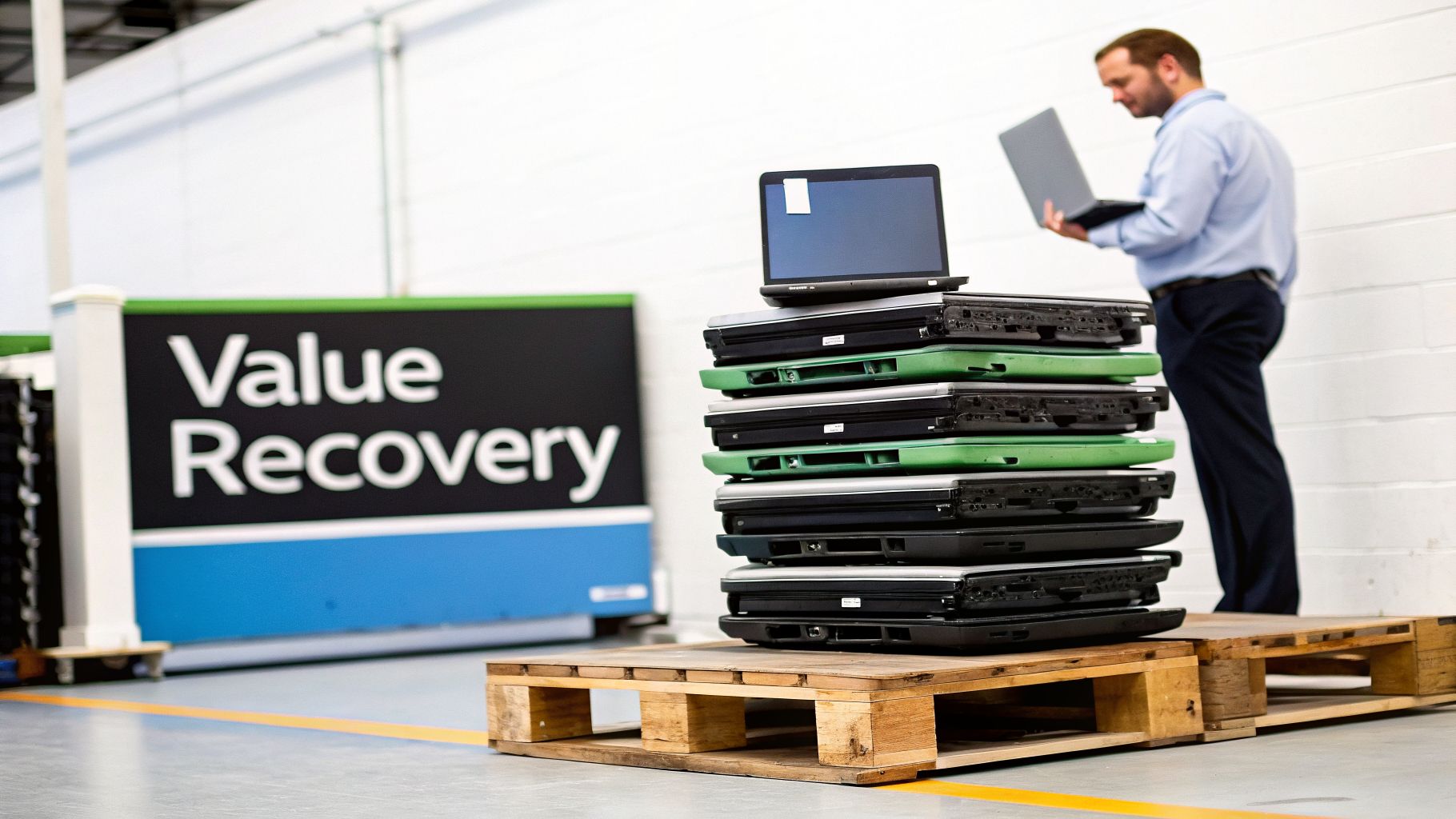 A man inspects laptops stacked on a wooden pallet, next to a 'Value Recovery' sign.