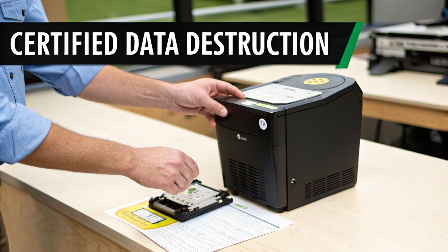 A person preparing to destroy a hard drive using a certified data destruction machine.