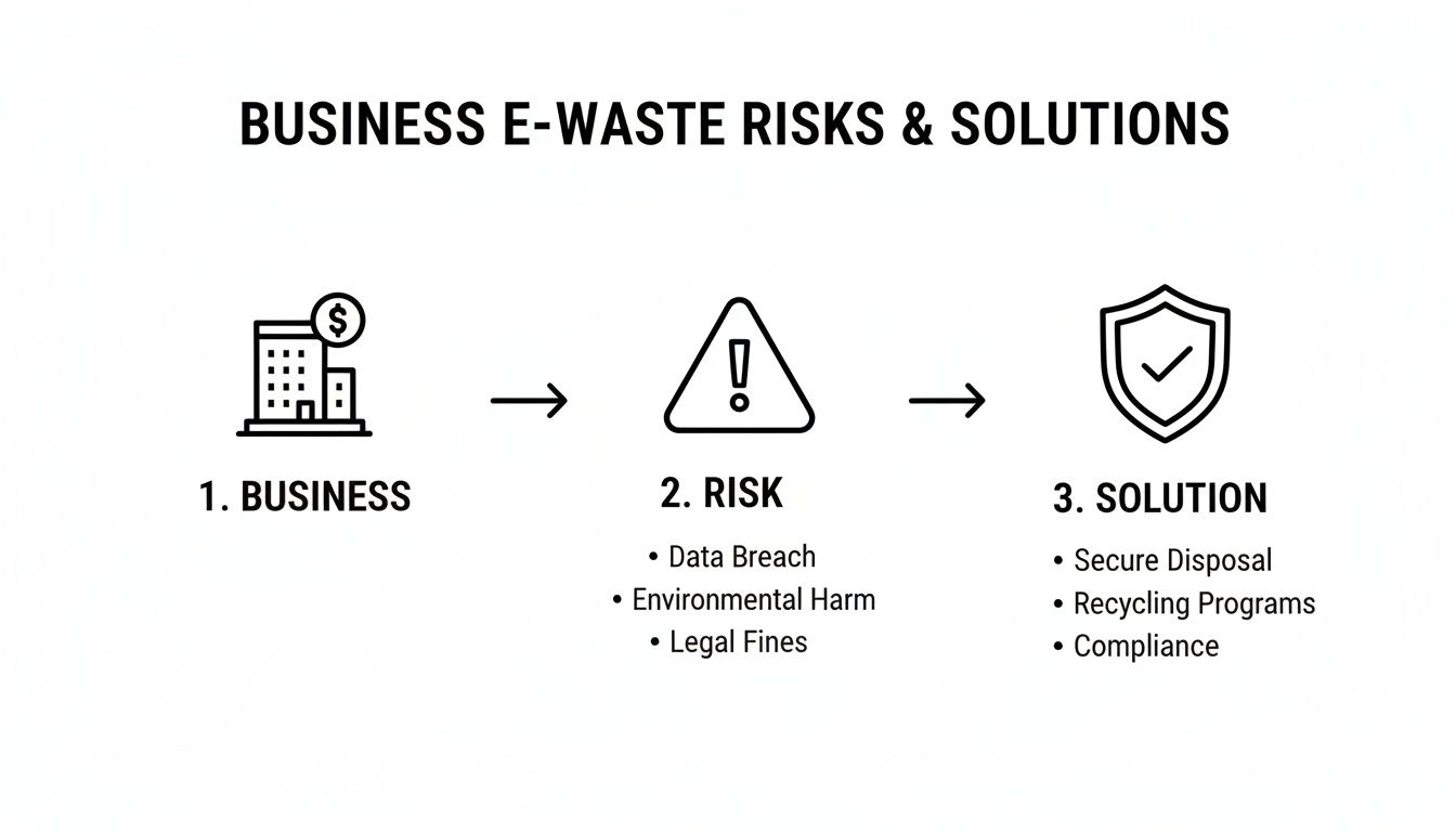 Flowchart detailing business e-waste risks like data breach and environmental harm, and solutions such as secure disposal and recycling.