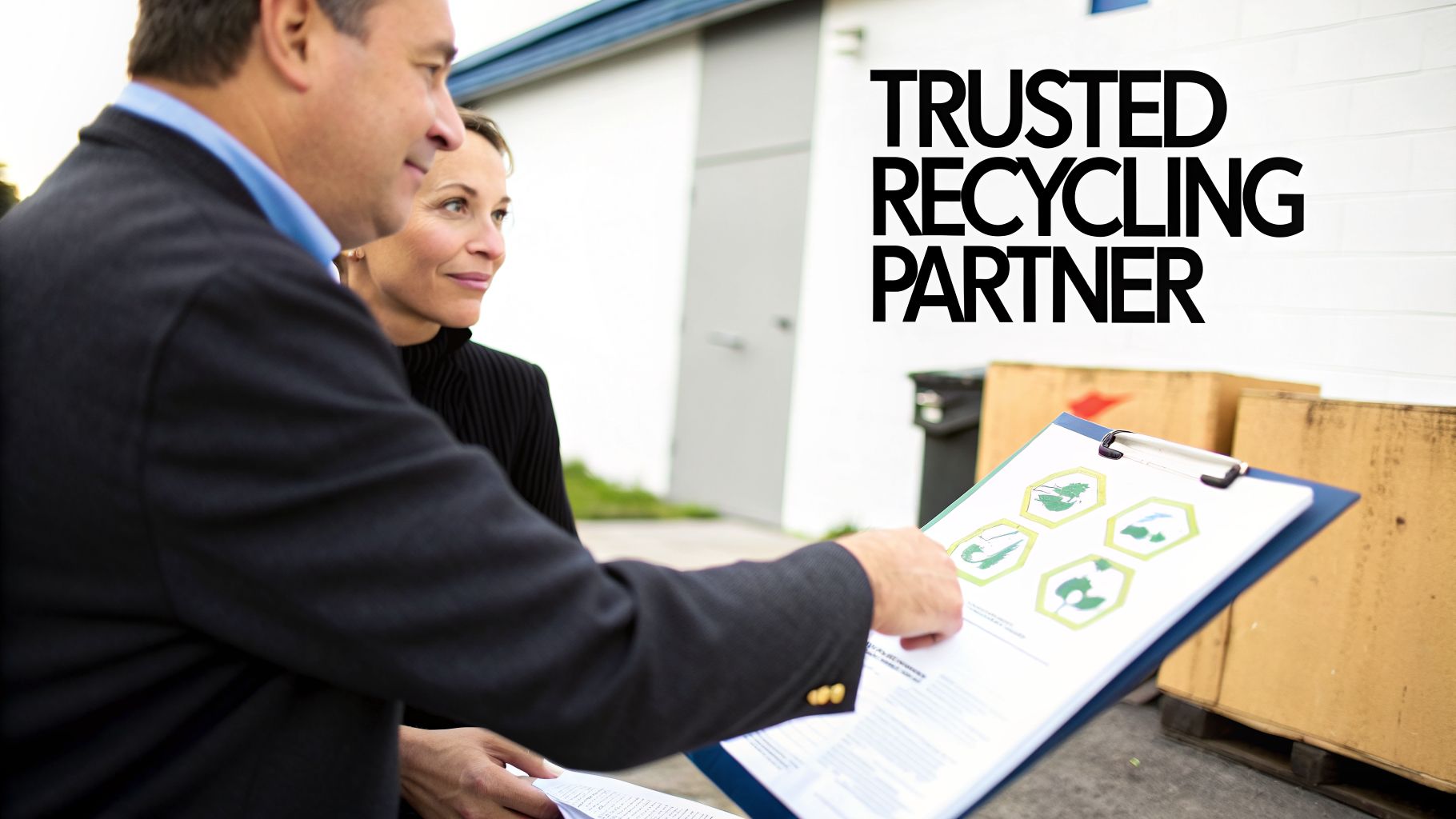 Business partners review recycling documents on a clipboard outside a facility, with 'Trusted Recycling Partner' text.