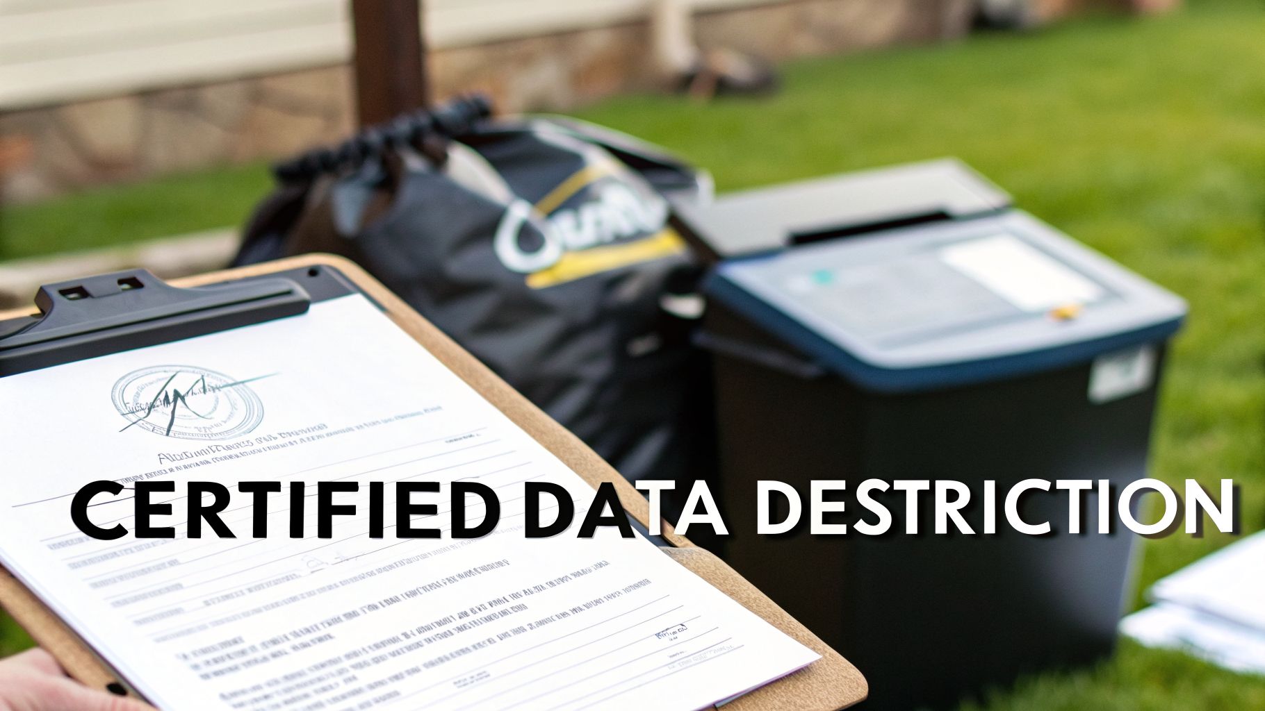 A person holds a clipboard with a 'certified data destruction' document, with a shredder and bag in the background.
