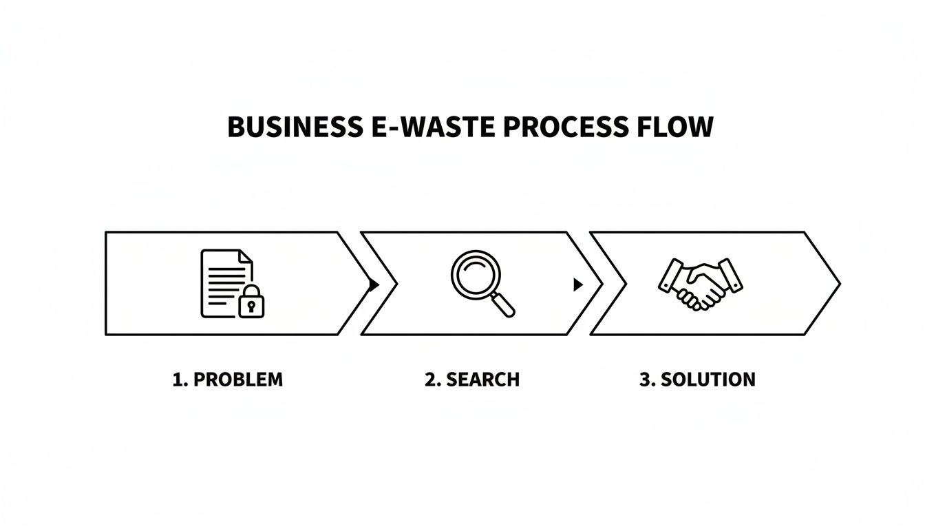 Business e-waste process flow diagram showing problem, search, and solution steps with icons.