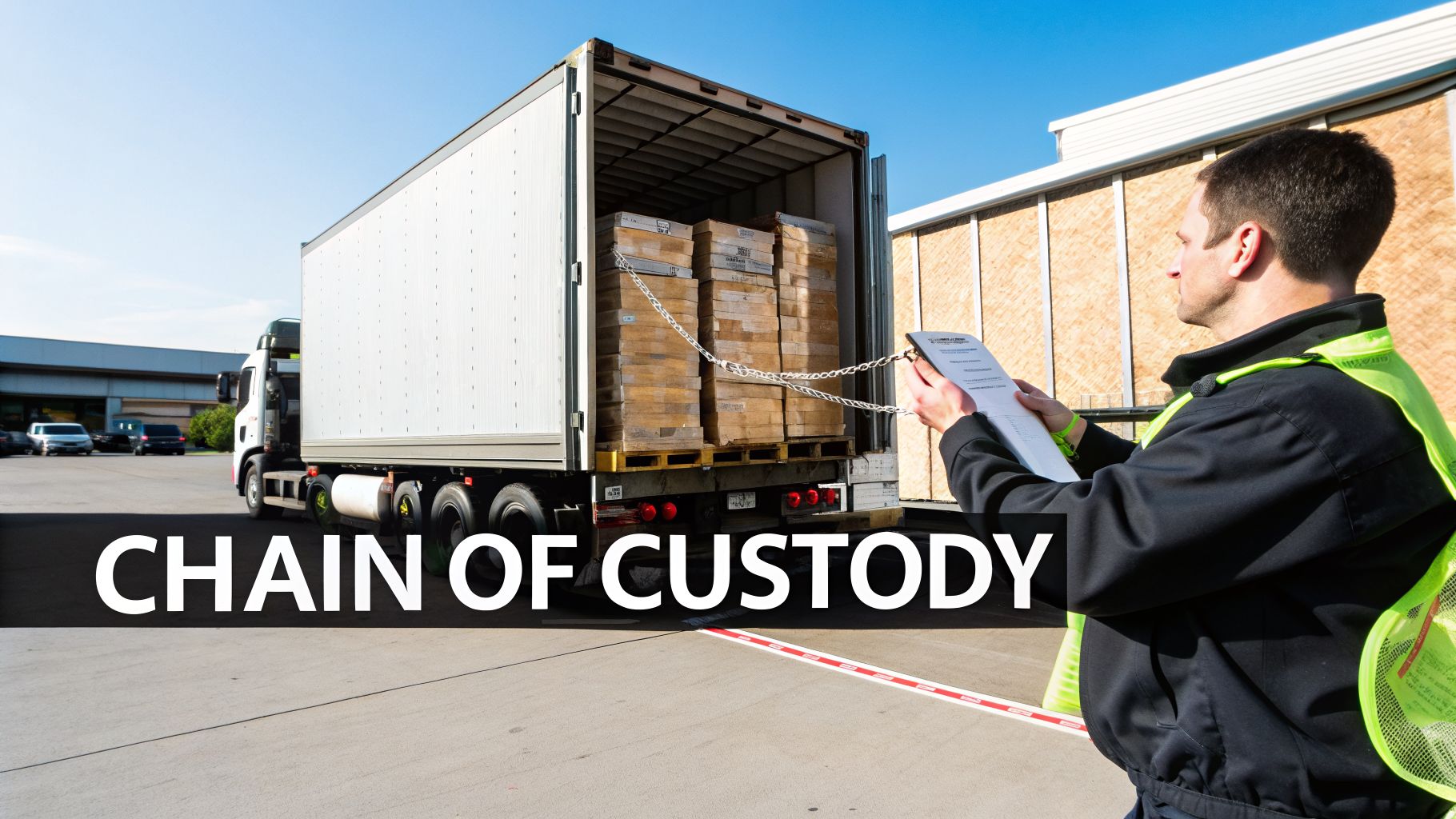 A worker in a safety vest inspects a truck's cargo secured by chains, demonstrating chain of custody.