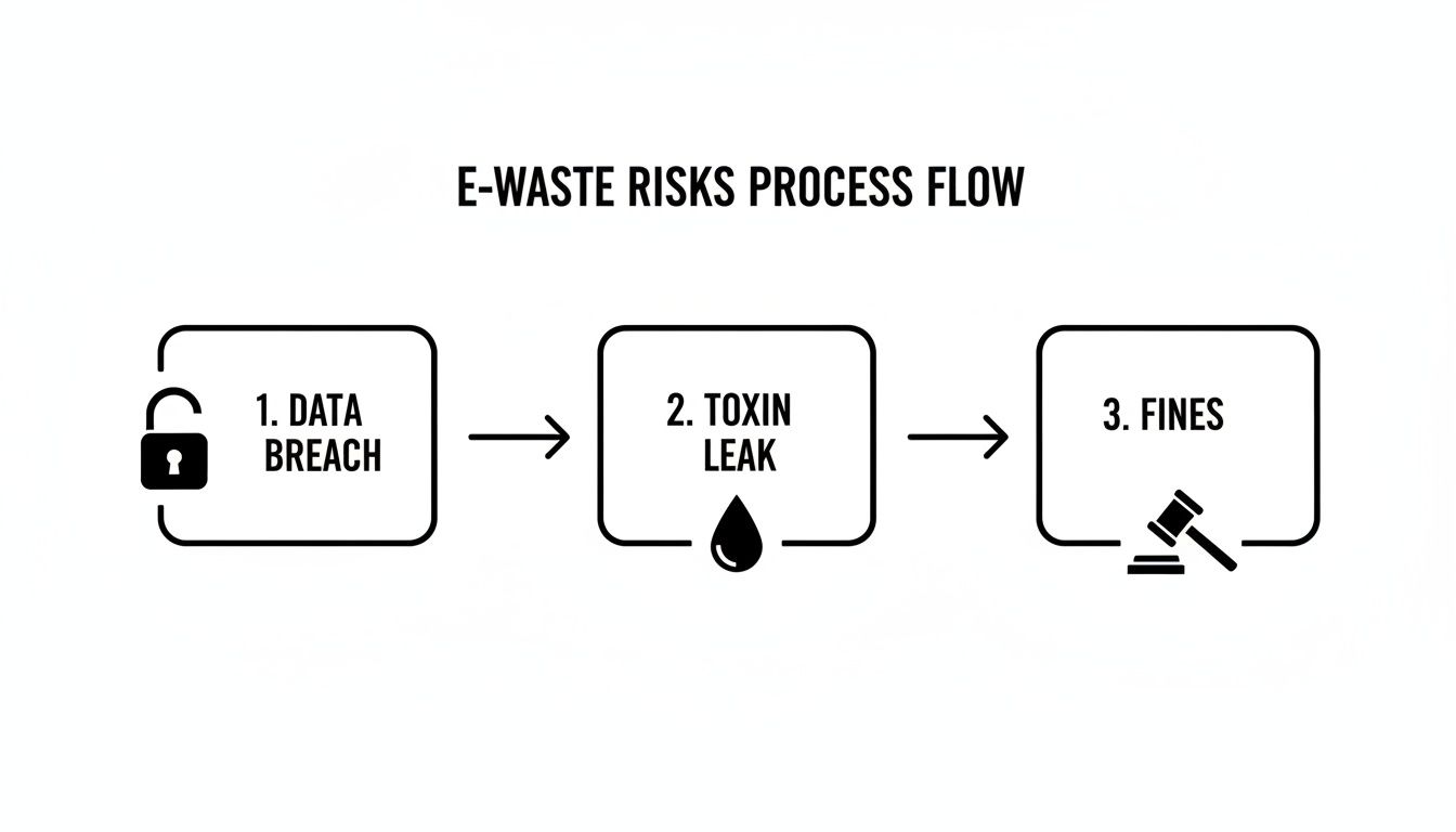 Flow chart illustrating e-waste risks, showing data breach, toxin leak, and financial fines.