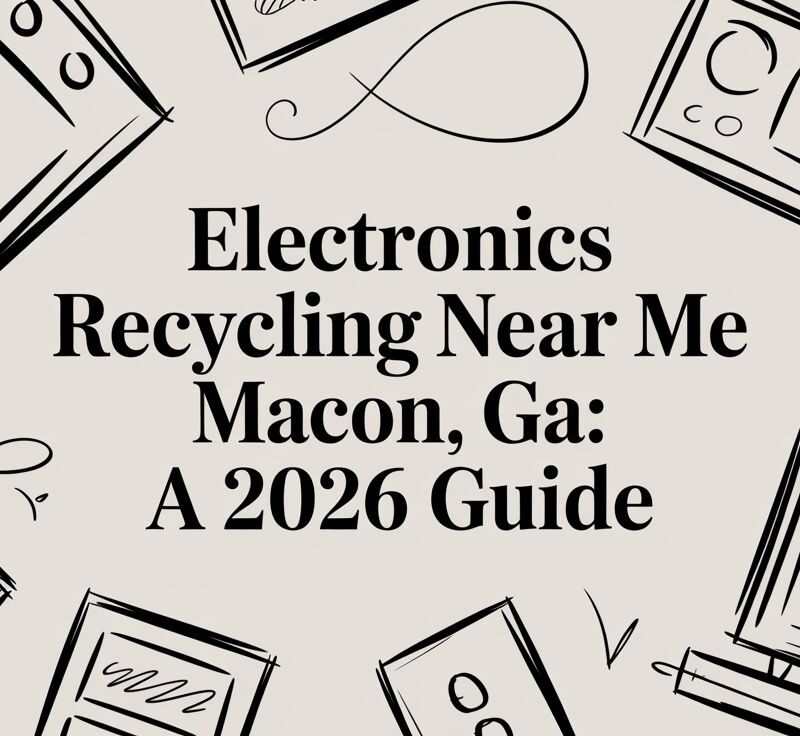 Electronics recycling guide for Macon, GA, featuring sketches of various electronic devices, emphasizing local e-waste disposal.