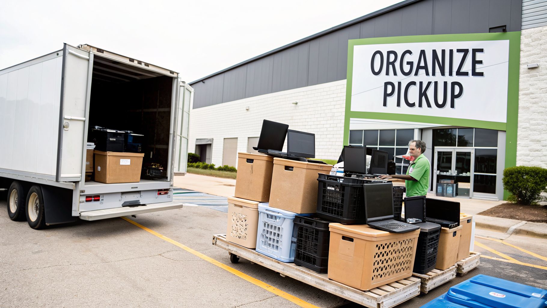 A man organizing electronics like laptops and monitors on a pallet for recycling pickup by a truck.