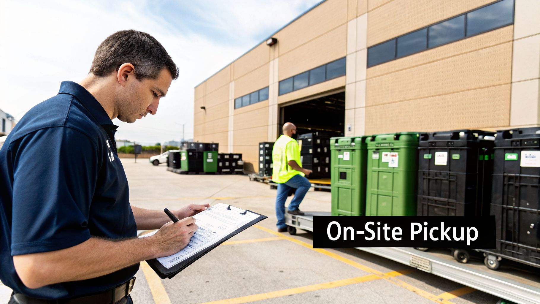 A man in a blue polo shirt signs a clipboard next to various recycling containers for on-site pickup.