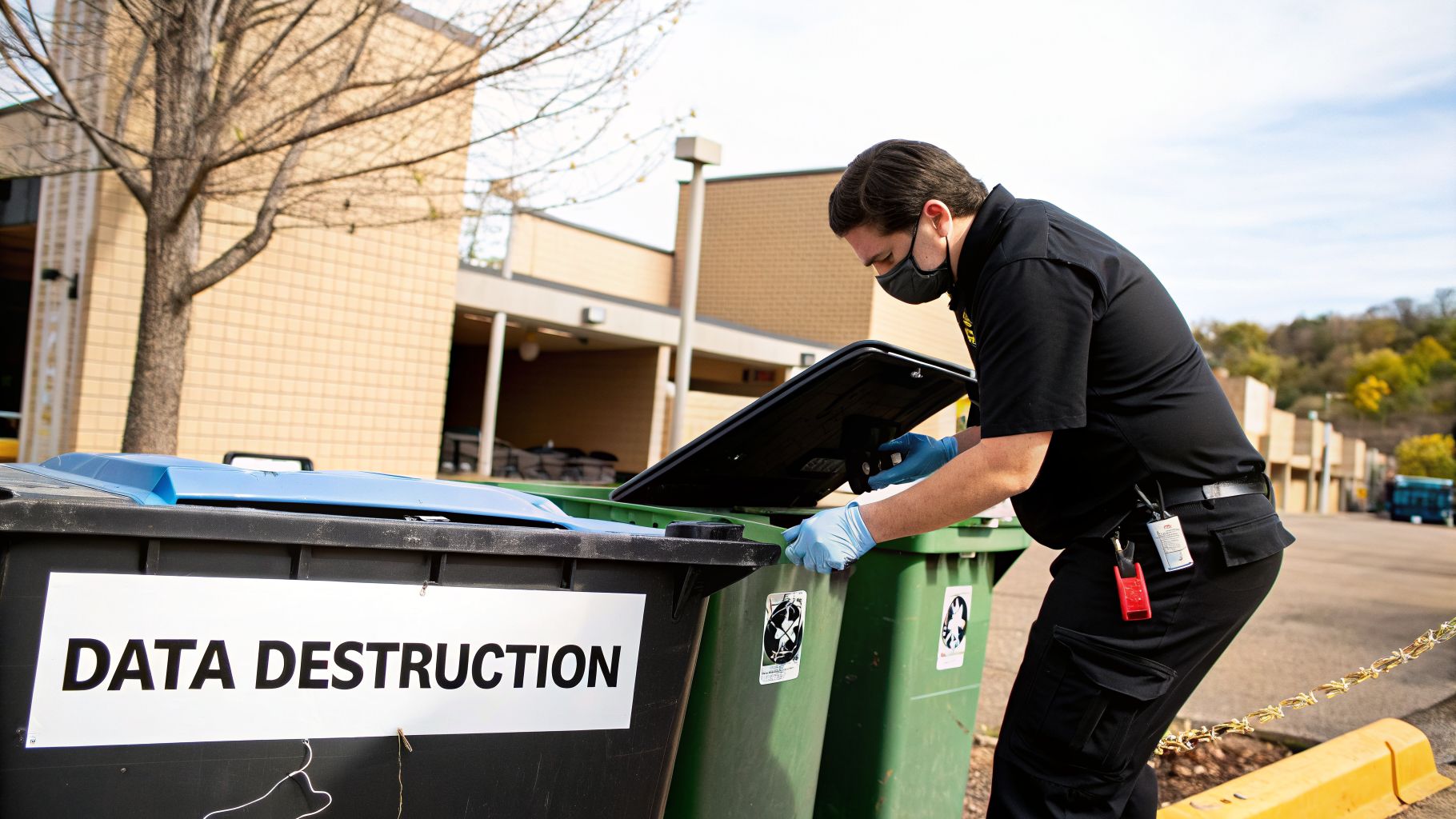 A masked worker in gloves securely disposes of an electronic device into a 'DATA DESTRUCTION' bin.