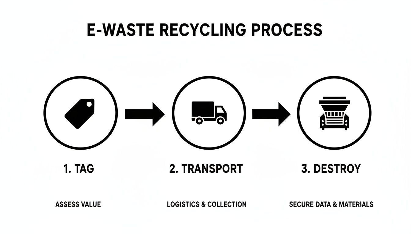 Infographic detailing the e-waste recycling steps: assessing value, collection, and secure destruction.