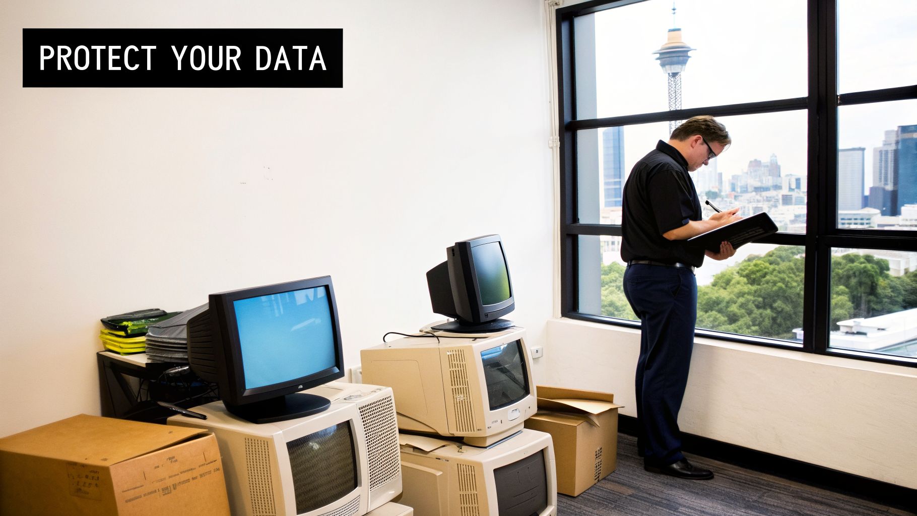 A man writes by a window in an office with stacks of old computer monitors and 'PROTECT YOUR DATA' banner.